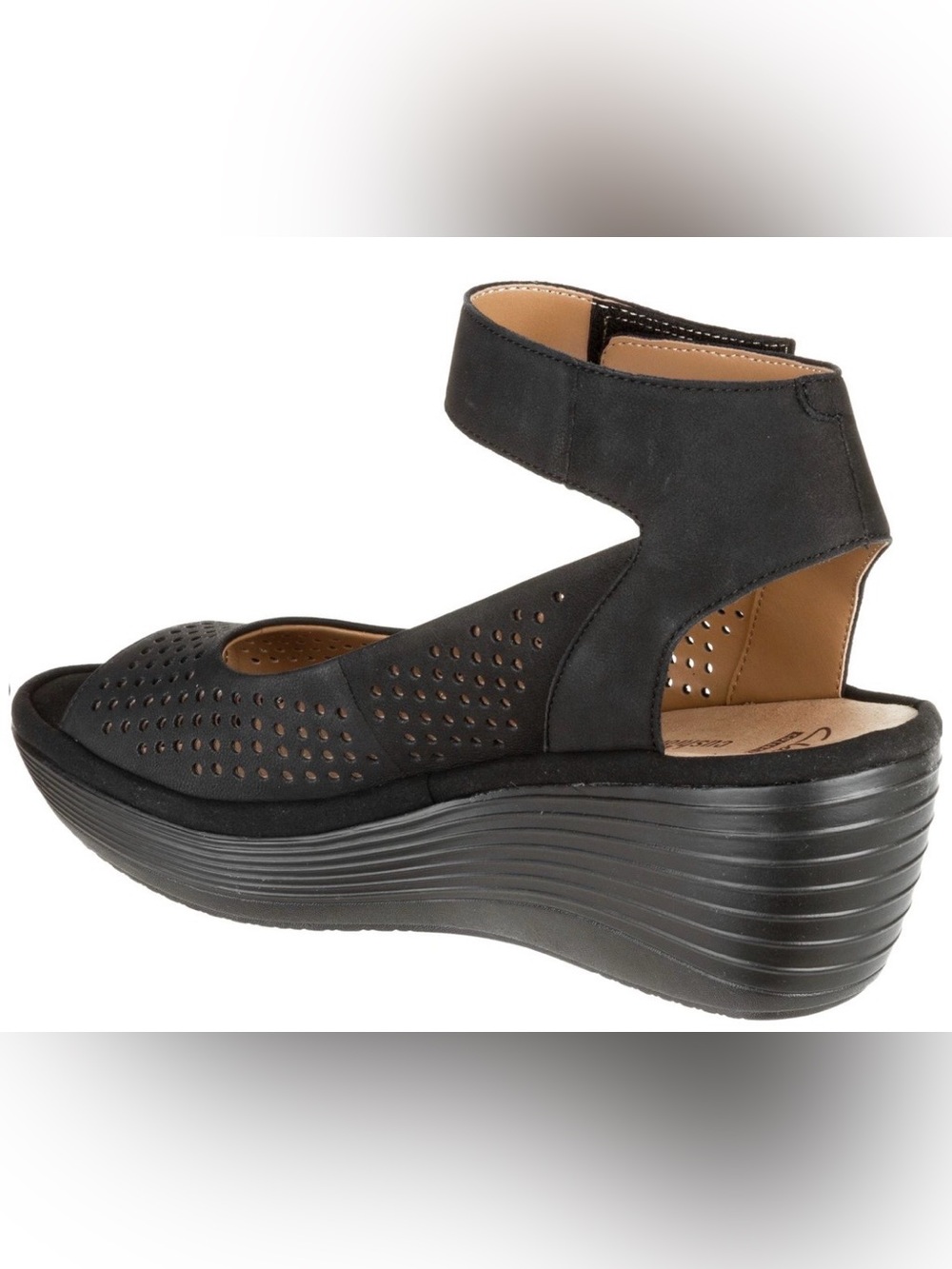 Clark’s Collection Reedly Salene Black Perforated Wedge Sandals w Ankle Strap 9 - Picture 4 of 12